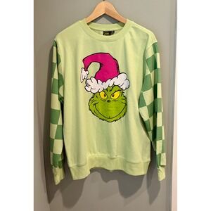 Dr. Seuss The Grinch Christmas Sweatshirt Checkered Sleeve Women Large New